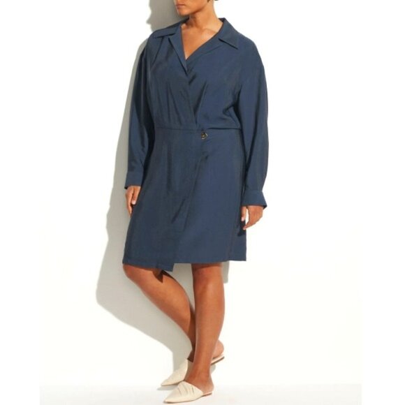 Vince Shaped-Collar Long Sleeve Wrap Dress, Dark Water - Picture 1 of 3